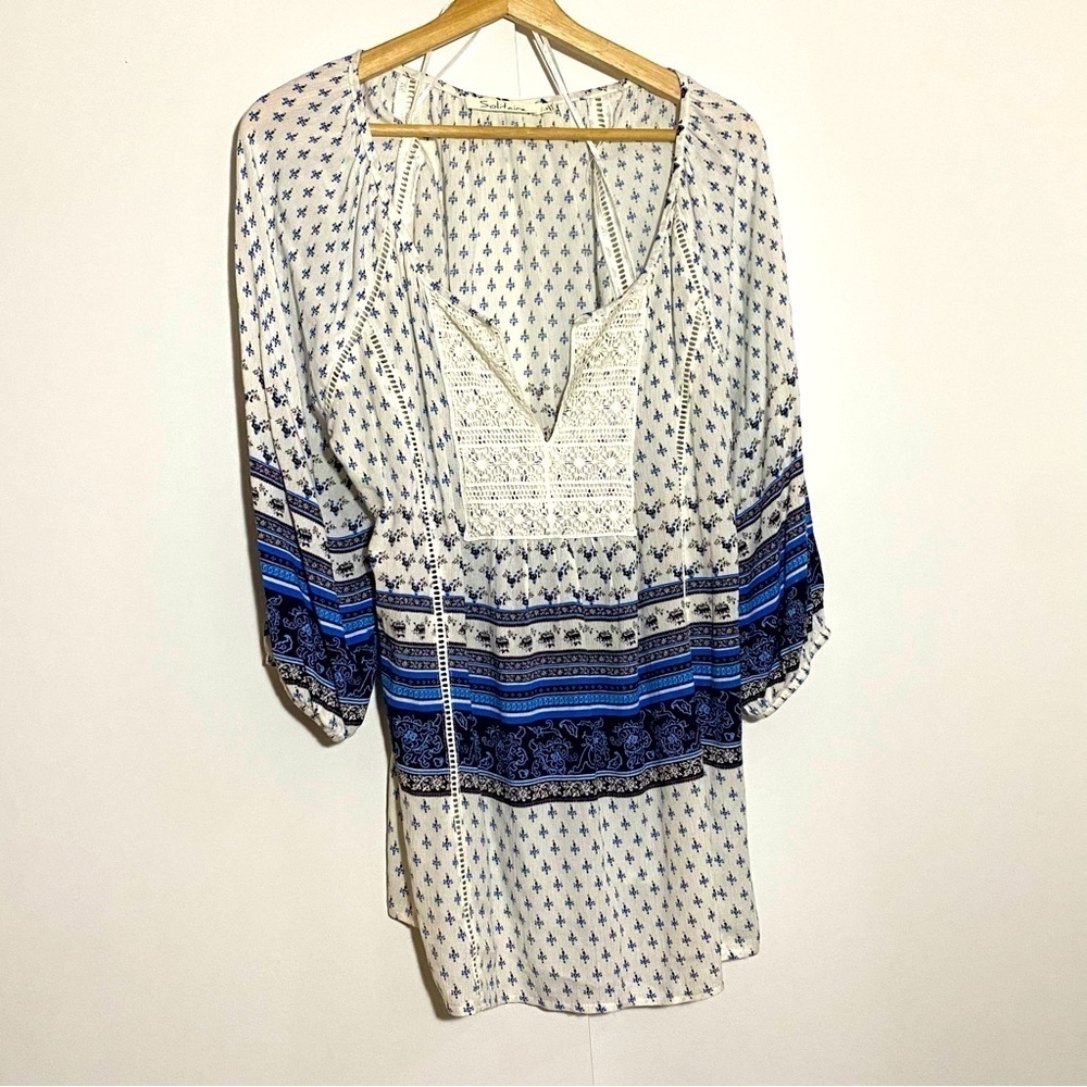 🎈SOLITAIRE women’s white blue bohemian crochet lightweight summer beach tunic